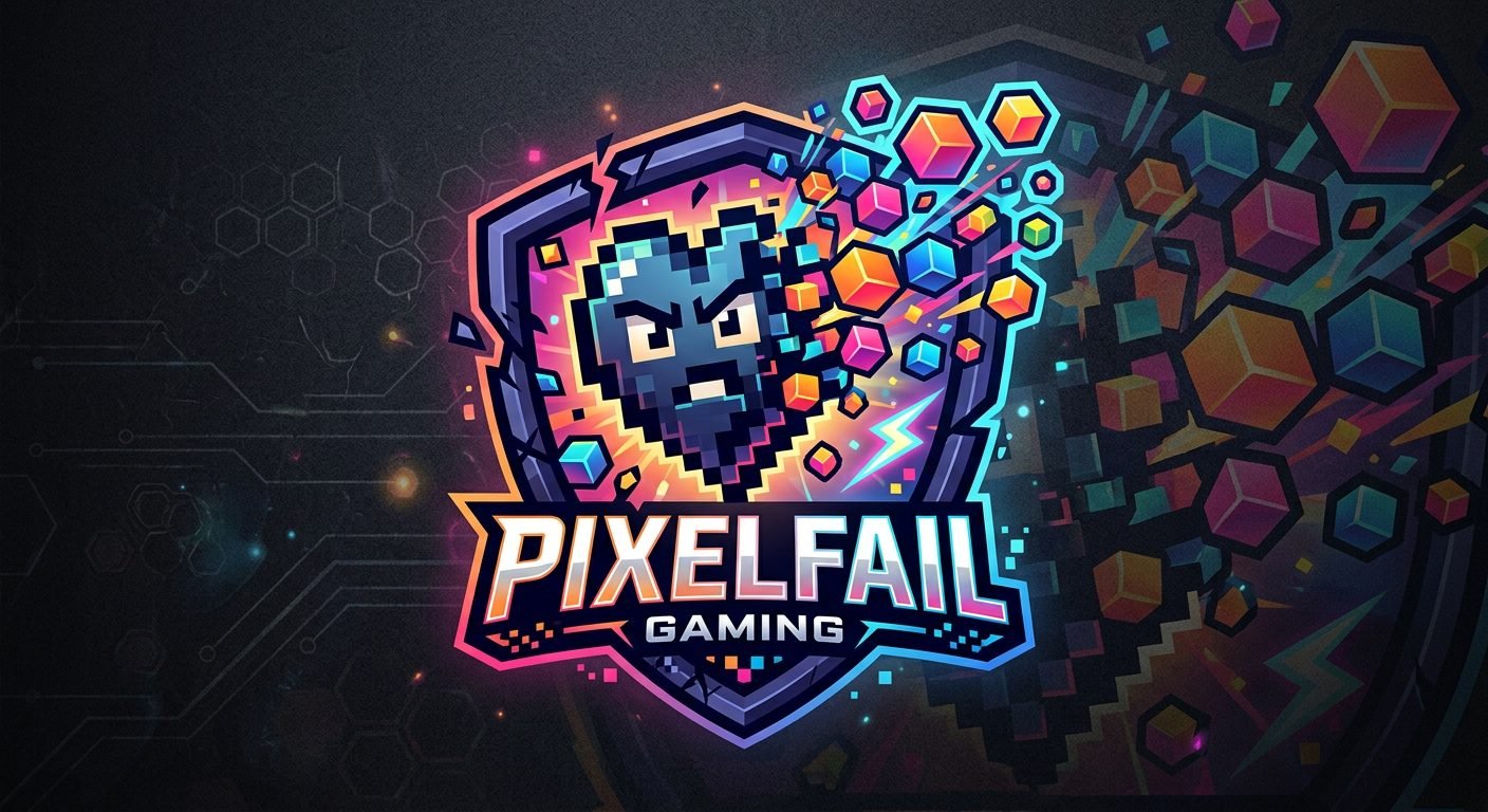 PixelFail crest: shattering pixel heart in neon on dark arcade background